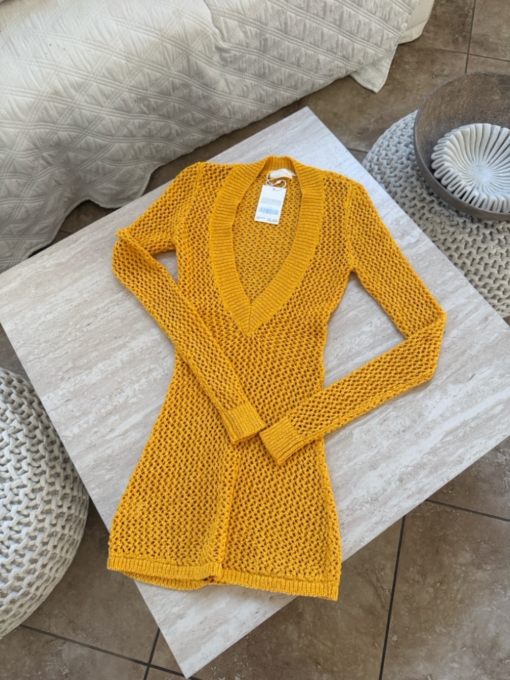 Monday Swimwear Mustard Open-Knit V-Neck Sweater swim coverup - Tuscany dress